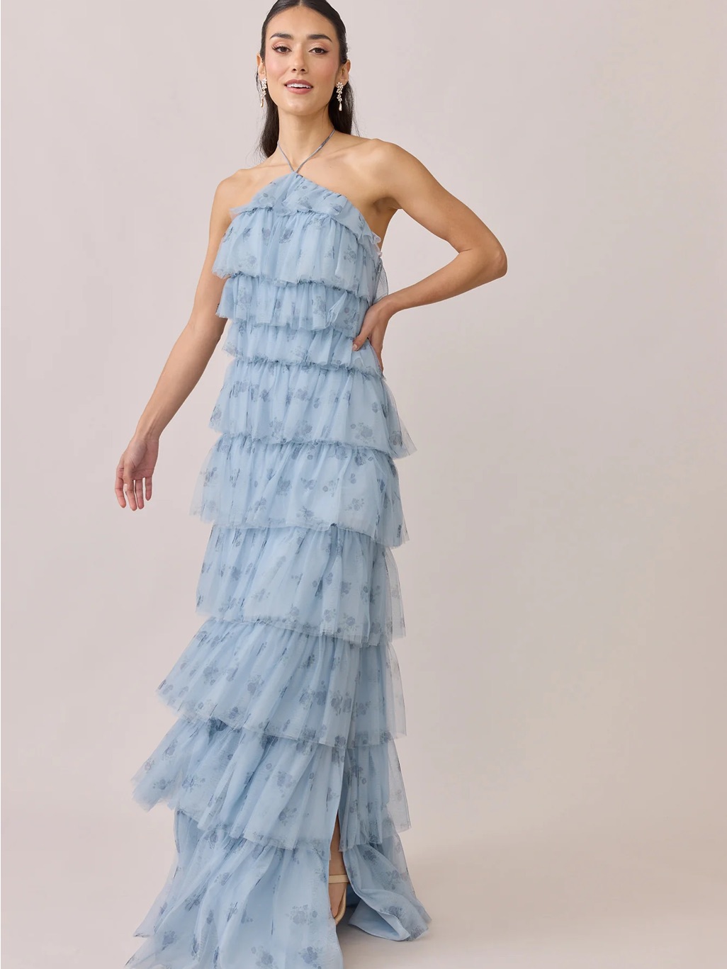 Revelry Sky Blue One-Shoulder Tiered Ruffle Gown